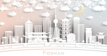 Fototapeta na wymiar Foshan China City Skyline in Paper Cut Style with White Buildings, Moon and Neon Garland.