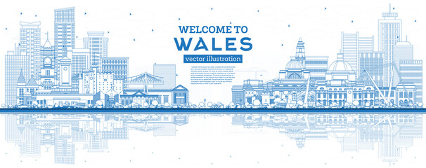 Outline Welcome to Wales City Skyline with Blue Buildings. - obrazy, fototapety, plakaty