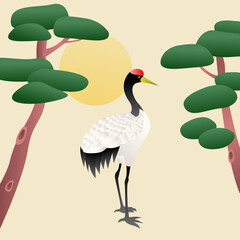 Vector illustration of a red-crowned crane and pine trees.