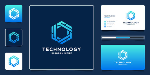 Abstract hexagon geometric technology logo design with dot and circuit symbol