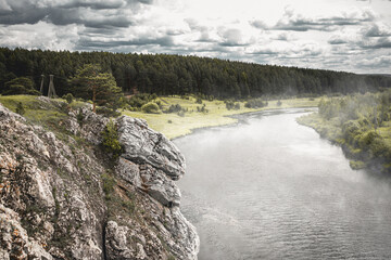 Fog above Chusovaya river and Rocks