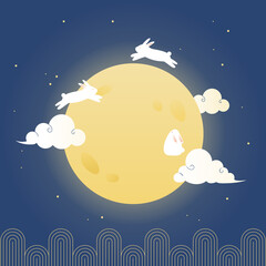 Vector illustration of cute rabbits and full moon.