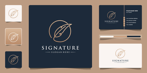 Creative golden quill signature logo design with minimalist feather ink logo template