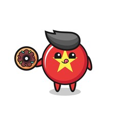 illustration of an vietnam flag badge character eating a doughnut