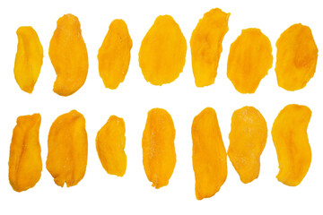 Dry tasty mango slices isolated on a white background.