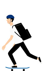 配達用のバッグを背負って滑走するスケーターの男性