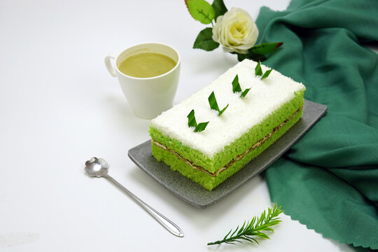 Pandan Sponge Cake With Coconut, Cream, Butter And Green Tea. 