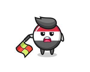 yemen flag badge character as line judge hold the flag down at a 45 degree angle