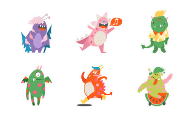 Comic Monsters with Horns and Wings Running and Singing Having Fun Vector Set
