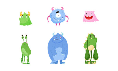 Funny Smiling Toothy Monsters with Horns Vector Set