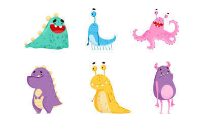 Funny Smiling Toothy Monsters with Horns Vector Set