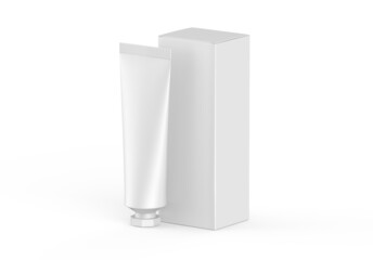 White cosmetic tube with packaging box mock up template on isolated white background, ready for design presentation, 3d illustration