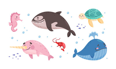 Sea Animals with Whale and Turtle Floating Underwater Vector Set
