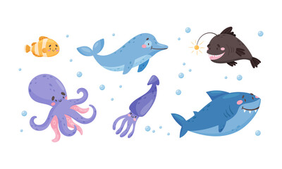 Sea Animals with Shark and Octopus Floating Underwater Vector Set