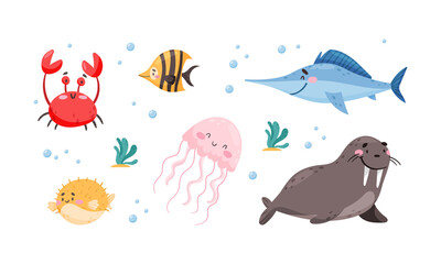 Sea Animals with Crab and Blowfish Floating Underwater Vector Set
