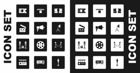 Set Stacks paper money cash, Megaphone, Movie clapper, Cinema ticket, spotlight, Limousine car and carpet, Rope barrier and Home stereo with two speakers icon. Vector