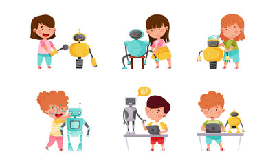 Little Children Engineering and Creating Robots Vector Illustrations Set