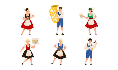 Obraz na płótnie Canvas People Characters in Traditional Bavarian Costumes Playing Musical Instrument and Carrying Beer Mug Vector Illustration Set