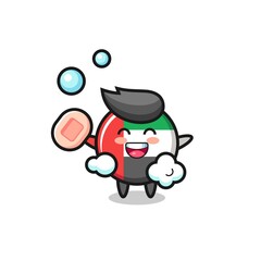 uae flag badge character is bathing while holding soap