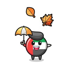 cartoon of the cute uae flag badge holding an umbrella in autumn