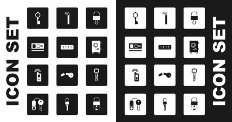 Set Lock and key, Password protection, Key card, Old, Safe, Crowbar, and Car with remote icon. Vector