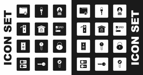 Set Create account screen, House under protection, Door handle, Folder lock, Marked key, Locked, and Mobile with fingerprint scan icon. Vector
