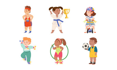 Cute Kids Athlete Riding Scooter, Playing Football and Doing Karate Vector Illustration Set
