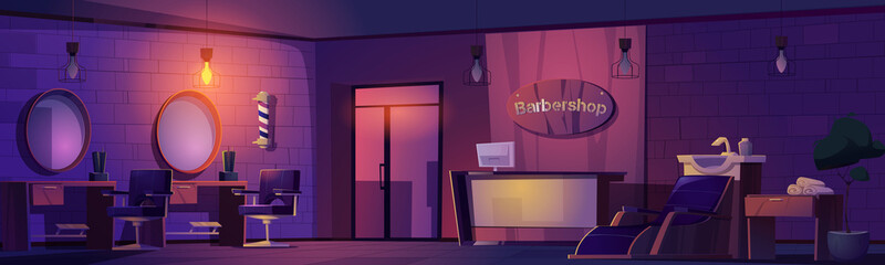 Barbershop night interior, dark beauty salon.