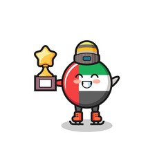 Obraz premium uae flag badge cartoon as an ice skating player hold winner trophy
