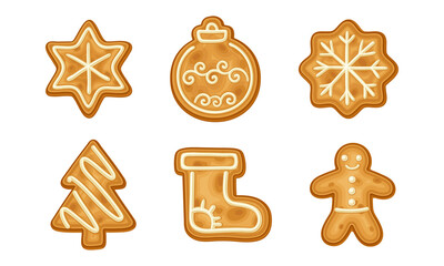 Shaped Baked Cookie and Merry Christmas Symbol Vector Set