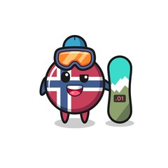 Illustration of norway flag badge character with snowboarding style