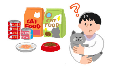 飼い猫を抱っこしながら疑問を持つ男性とキャットフード