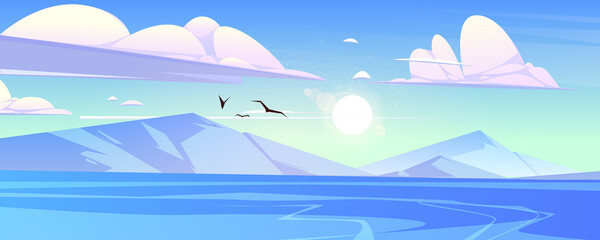 Fototapeta na wymiar Ocean or sea with mountains and gulls in blue sky