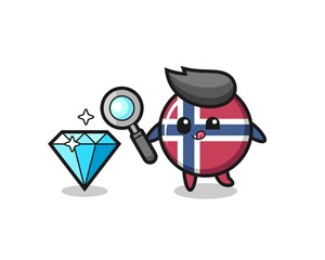 norway flag badge mascot is checking the authenticity of a diamond