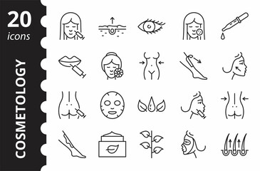 Naklejka premium Cosmetology related line icons set. Skin care, body weight, epilation. Simple outline vector symbols. Editable strokes.