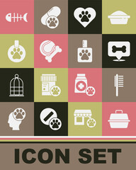 Set Pet carry case, Pets vial medical, Dog bone, Heart with animals footprint, toys rubber and ball, Collar name tag, Fish skeleton and shampoo icon. Vector