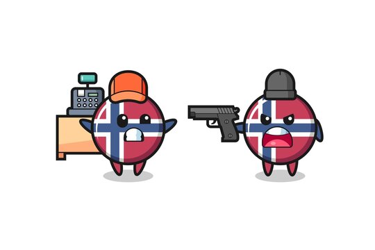 illustration of the cute norway flag badge as a cashier is pointed a gun by a robber