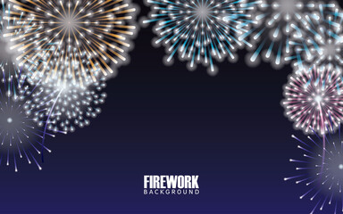 Realistic firework bursting in various shapes. Sparkling pictograms set on night sky background abstract vector illustration