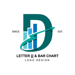 Modern and professional business logo initial letter D with swoosh thunderbolt arrow combining with bar chart