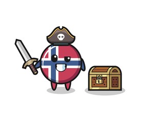 the norway flag badge pirate character holding sword beside a treasure box