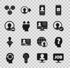 Set Speech bubble with job, Head question mark, Create account screen, Mobile resume, User of man, Project team base and Monitor icon. Vector