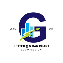 Modern and professional business logo initial letter G with swoosh thunderbolt arrow combining with bar chart