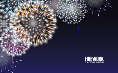 Realistic firework bursting in various shapes. Sparkling pictograms set on night sky background abstract vector illustration