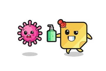 illustration of sticky notes character chasing evil virus with hand sanitizer
