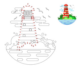 
child Game. connect the dots. Lighthouse. colors.