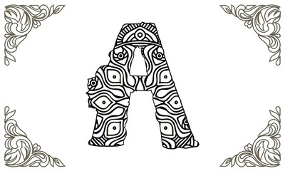 Mandala letter A monogram, adult coloring book, engraving design. Vector illustration.