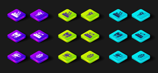 Set Helicopter, Traffic light, Bus, Boat with oars, Scooter and Sailboat icon. Vector