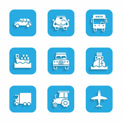 Set Car, Tractor, Plane, Cargo ship, Delivery cargo truck, with boxes, Bus and Hatchback icon. Vector