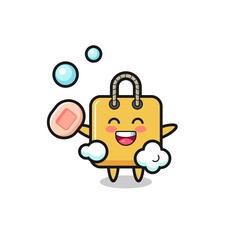 shopping bag character is bathing while holding soap