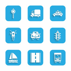 Set Car, Road, Delivery cargo truck, Traffic light, Yacht sailboat, Scooter, Taxi and traffic signpost icon. Vector
